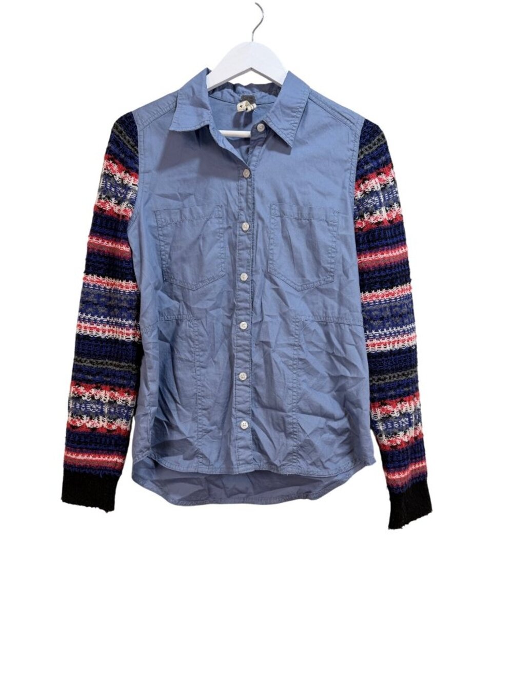 Chambray Button Down Nordic Fair Isle Knit Lagenlook Top Shirt Shacket Small